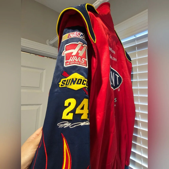 Dupont Jeff Gordon Red Racing Jacket snap front flames on sleeves Size Large - Picture 10 of 14